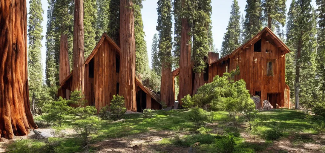 Prompt: house built into and inside a single giant sequoia