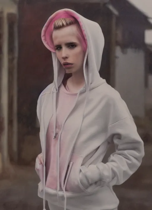 Image similar to still from music video of emma roberts from die antwoord standing in a township street, wearing a hoodie, street clothes, full figure portrait painting by martine johanna, ilya kuvshinov, craig mullins, pastel color palette, 3 5 mm lens