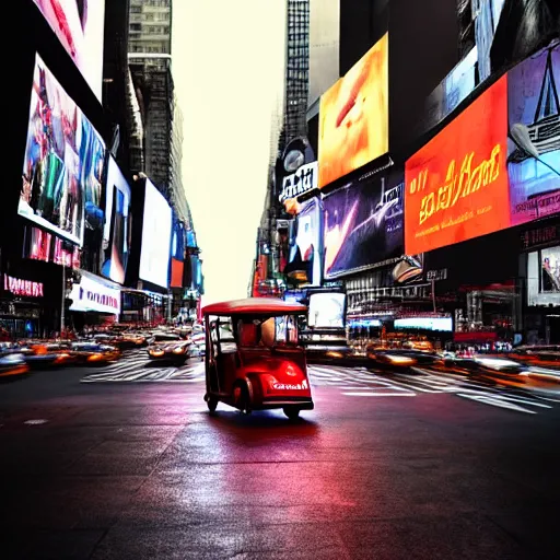 Prompt: a tuk tuk in Times Square at night, luxurious, elegant, highly detailed, award winning photography, moody, dramatic lighting, cinematic, matte painting, concept art, 4k