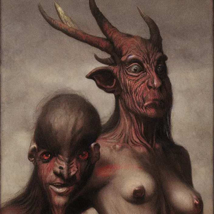 Prompt: a red-horned goblin monster next to a woman, by Odd Nerdrum