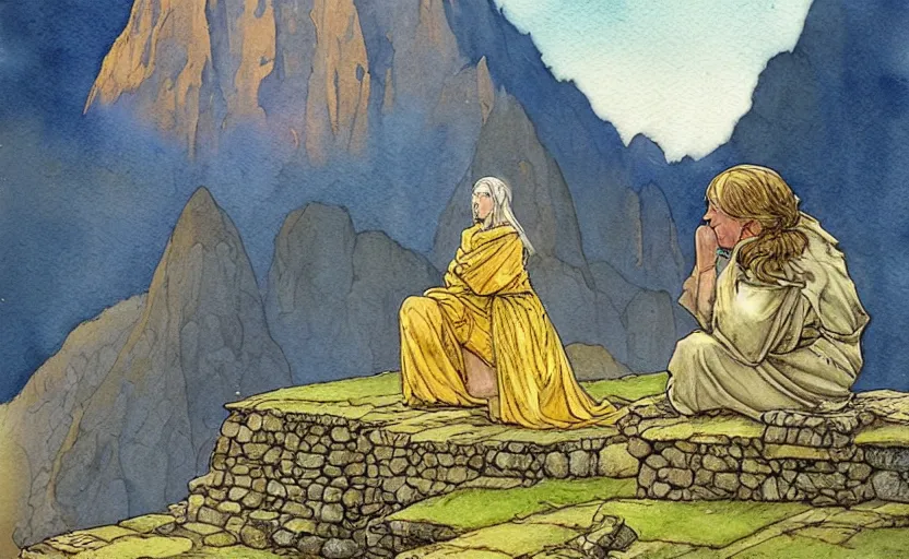 Image similar to a realistic and atmospheric watercolor fantasy concept art of a golden ufo hovering above machu pichu. in the foreground a female medieval monk in grey robes is kneeling with her hands by her sides. by rebecca guay, michael kaluta, charles vess