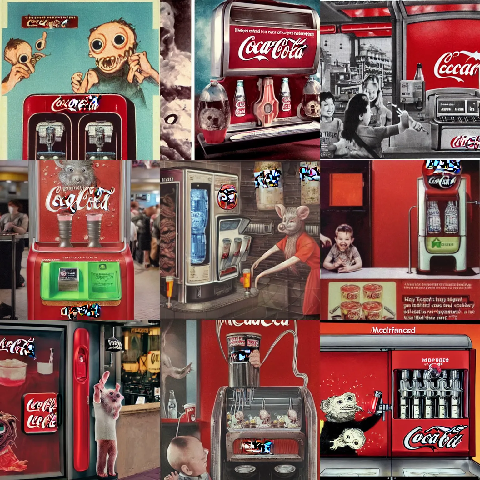 Prompt: dystopian!!! eldritch ratty!!! Lovecraftian McDonalds advertisement showing a smiling family dispensing blood out of a Coca Cola soda fountain machine and being served a tray of rats in the style of H.R. Giger