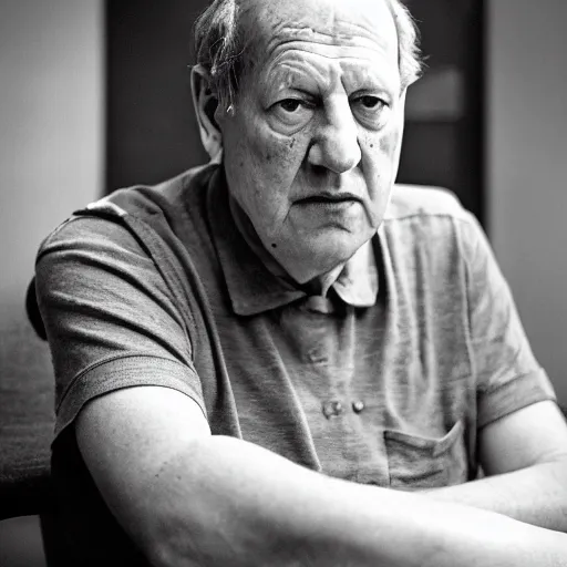 Image similar to wide angle portrait of werner herzog sitting alone in the waiting area of the dmv wearing a birthday party hat. wide shot, ansel adams, award winning, hyperrealistic, grand budapest hotel, studio lighting, very detailed face, chiaroscuro, film noir