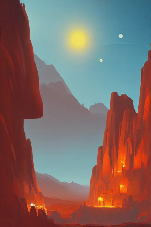 Image similar to tibetan temple glowing orange in canyon, geometric lines and planets in the sky, dramatic lighting, artstation, matte painting, ralph mcquarrie, simon stalenhag