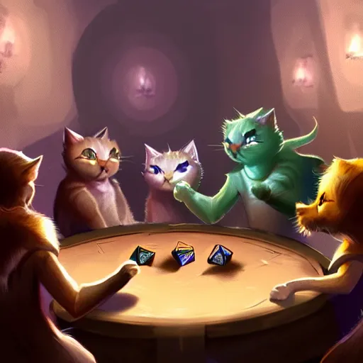 Prompt: a group of cats playing dungeons and dragons around a table in a dark cellar. concept art. sketch. artstation. hq