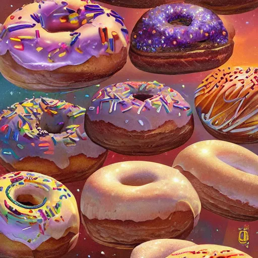 Prompt: a highly detailed, beautiful illustration of cosmic donuts by james gurney, trending on artstation