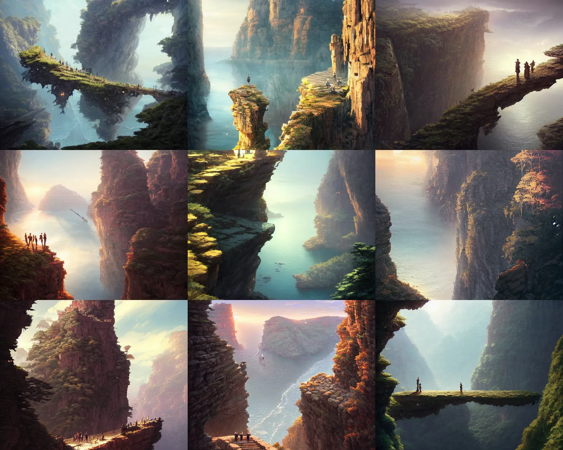 Prompt: invisible bridge between two cliffs of different time periods, magnificent, close up, details, sharp focus, elegant, highly detailed, illustration, by Jordan Grimmer and greg rutkowski and PiNe(パイネ) and 薯子Imoko and 香川悠作 and wlop and maya takamura, intricate, beautiful, Trending artstation, pixiv, digital Art