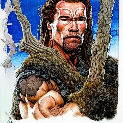 Image similar to a realistic and atmospheric portrait of arnold schwarzenegger as a druidic warrior wizard looking at the camera with an intelligent gaze by rebecca guay, michael kaluta, charles vess and jean moebius giraud