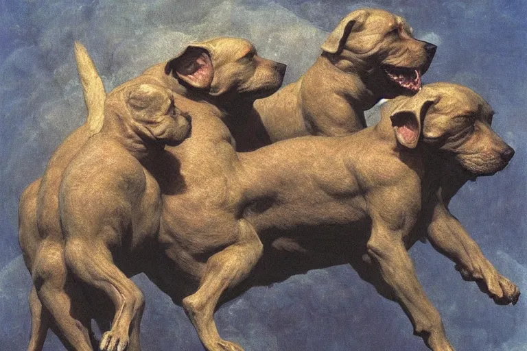 Image similar to hyperdetailed matte art of a three headed dog cerberus by william blake, ilya repin, amano, rene magritte, craig mullins, three headed dog cerberus, details