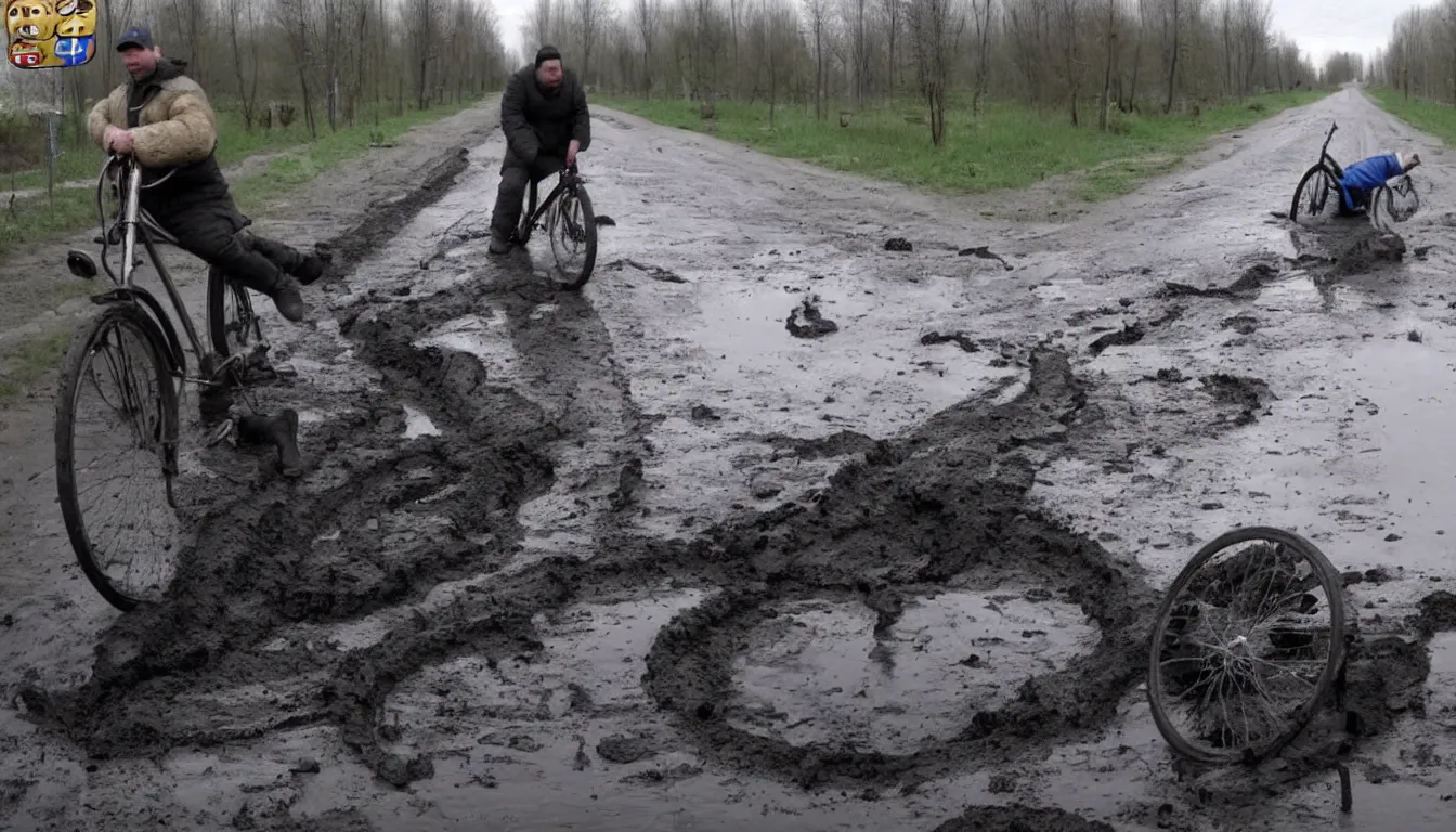 Prompt: drunk russian man driving bicycle trough potholes and mud, hilarious, funny, meme, realistic, detailed, 4 k