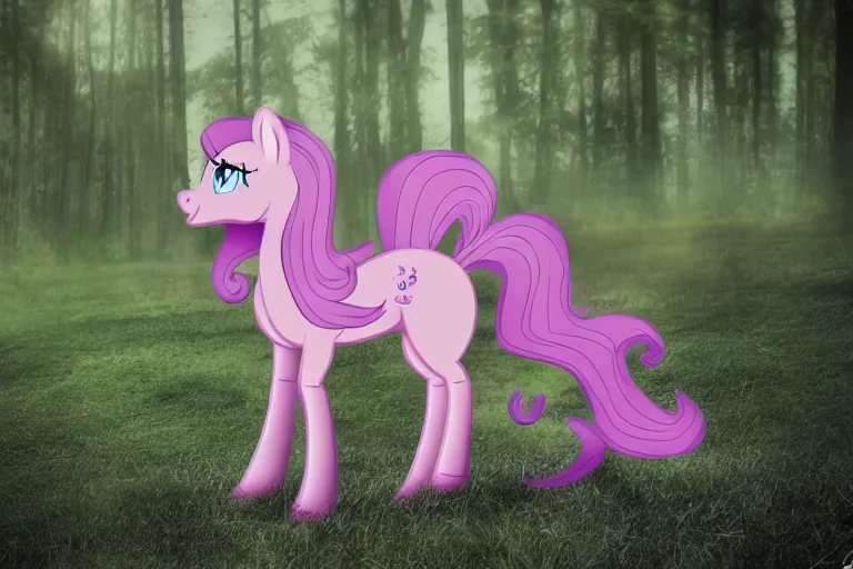 Image similar to Pinkie Pie equine, back towards camera, facing away, professional photography and mood lighting, equine photo, sitting down, flowing mane and tail, relaxed expression