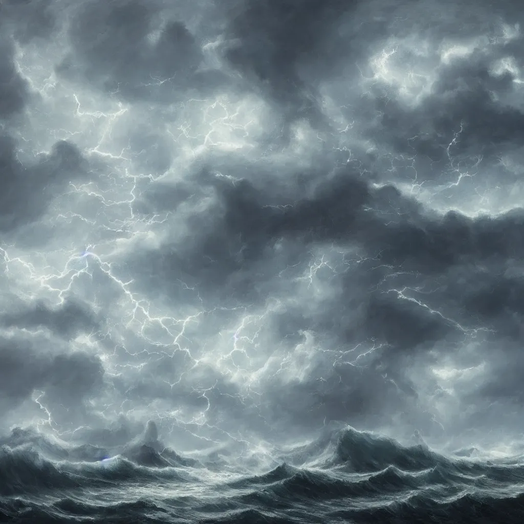 Image similar to a fantasy book landscape with a giant dark kraken. stormy sea with a small boat, giant waves, lightning in the background, oil painting, 4 k