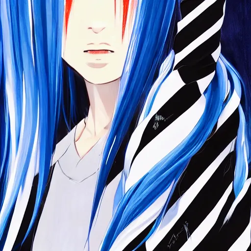 Image similar to profile shot of rimuru tempest, sky blue straight hair, long bangs, gold eyes, wearing a black jacket with white stripes, high collar, ultra detailed, wild brush strokes, digital painting, cinematic, wlop, pixiv, color block, eerie, scary, yoshitaka amano, ilya kuvshinov, andy warhol