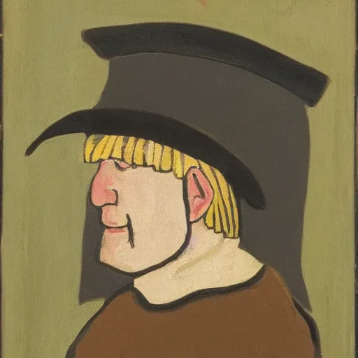 Image similar to boris johnson as a 1 2 th century peasant in england, painting, exhibited at british museum, oil on canvas, restored