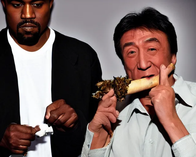 Image similar to Kayne West and Jackie Chan smoking one giant two foot joint, By Rainer Hosch