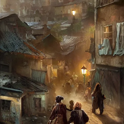 Image similar to artgerm, ilya yefimovich repin style as slum neighborhood in lord of the ring world, fantasy, photorealistic content, hyperrealistic content, high definition content, intricate, delete duplicate content, justify content center, left align, right align, ultra detailed content, ultra realistic face structure, rgb color