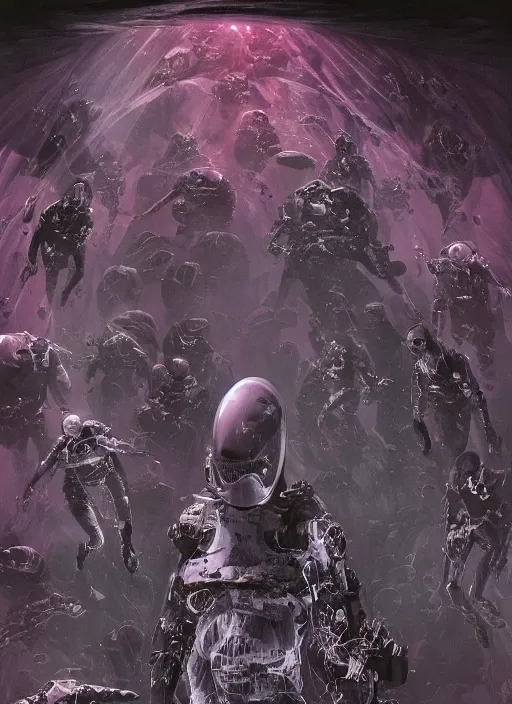 Image similar to astronauts in dark and empty void underwater - complex and hyperdetailed suit. reflection and dispersion materials. rays and dispersion of light. volumetric light. 5 0 mm, f / 3 2. noise film photo. flash photography. ultra realistic, wide angle. poster by wayne barlowe, hajime sorayama aaron horkey, craig mullins. dark key.