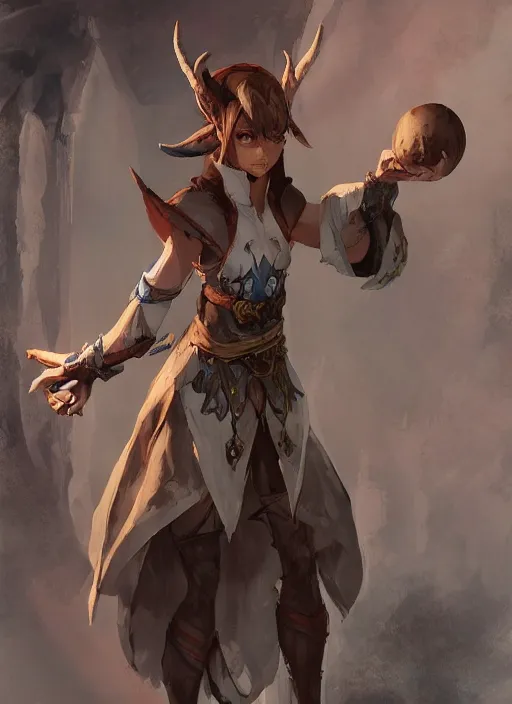 Image similar to concept art painting of an elf with brown skin and short white hair, demon horns, blue tunic and robes, detailed, d & d style, cel shaded, in the style of ruan jia and artgerm and makoto shinkai and james gurney