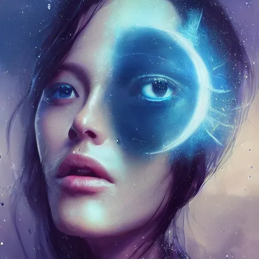 Prompt: sci - fi, 3 d, stars, fashion model face closed eyes, cinematic, clouds, sun rays, vogue cover style, poster art, blue mood, realistic painting, intricate oil painting, high detail illustration, figurative art, multiple exposure, water, 3 d, by tooth wu and wlop and beeple and greg rutkowski
