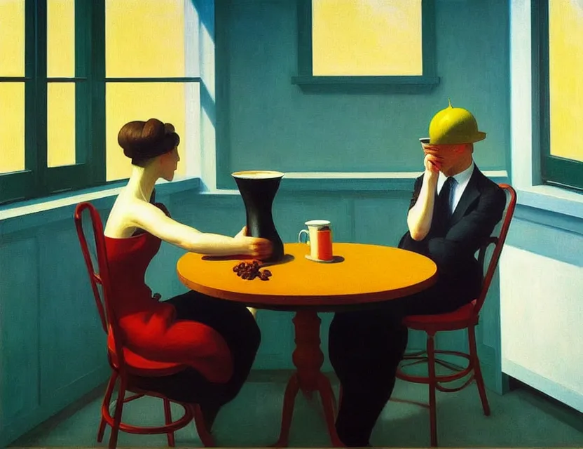 Prompt: a painting of a person drinking 1 0 cups of coffee into a droste effect, harsh monday mood in a kitchen that is slowly melting, styled and painted by edward hopper and magritte