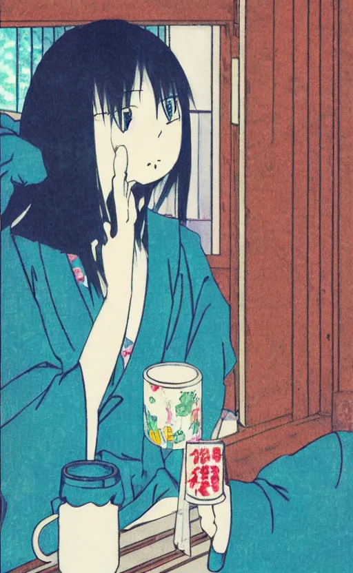 Prompt: by akio watanabe, manga art, alone girl is drinking sake while looking outside of window, blue cup, trading card front, kimono, realistic anatomy, sun in the background