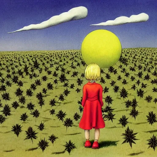 Image similar to beautiful blonde girl, field of marijuana, Children’s Drawing, Ink, Filmic, Warm Color Palette, HD, Bezier Curve, Hyperdodecahedron, Crepuscular Rays, by Agnes Lawrence Pelton, by Akihito Yoshida, by Dorothea Tanning