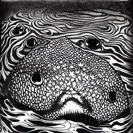 Image similar to deep camouflage angry toad evil eyes poking out eyes from under the water ultra sharp blur background simple background psychedelic contour ink drawing gustave dore katshushika Hokusai deep evil eyes