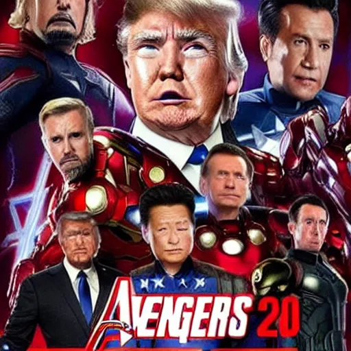 Prompt: avengers - style movie poster with faces of biden, trump, putin, xi jinping, macron, donkey, nuclear bomb in the background, cinematic, realistic, high quality