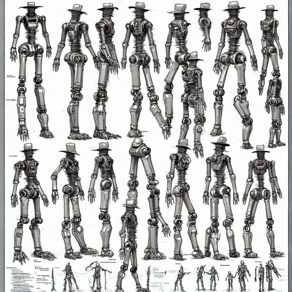 Image similar to pose reference sheet for salvaged robot pilgrim, art by moebius, reference