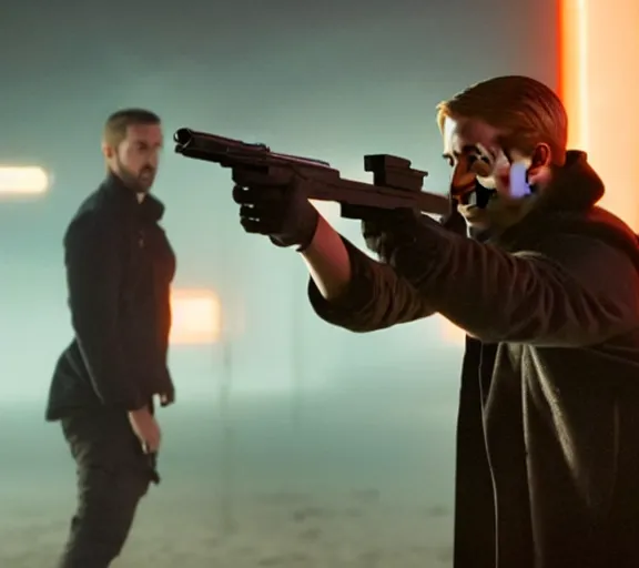 Image similar to a movie still of kim kardashian aiming a gun with ryan gosling in the movie blade runner 2 0 4 9