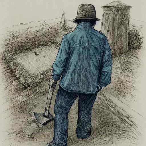 Image similar to a man with a shovel standing next to an open grave with a body in it, subtle blue, orange, and dark green tones, high quality, high detail, dark colors, sinister atmosphere, dramatic lighting, cinematic, establishing shot, extremely high detail, photo realistic, cinematic lighting, pen and ink, intricate line drawings, by Yoshitaka Amano, Ruan Jia, Kentaro Miura, Artgerm, post processed, concept art, artstation, matte painting, style by eddie mendoza, raphael lacoste, alex ross