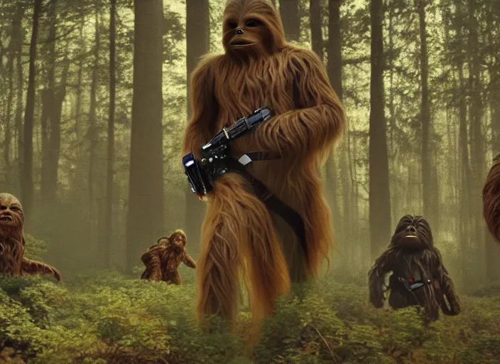 Image similar to screenshot of portrait Han Solo surrounded by wookies on forest planet, iconic scene from 1970s film by Stanley Kubrick, the lost Star Wars Film, moody hazy lighting, stunning cinematography, hyper-detailed, crisp, anamorphic lenses, kodak color film stock, 4k, very detailed, hyper real render