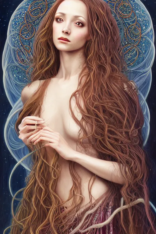 Prompt: portrait of a young female wizard in flowing sensual dress, long fine flowing hair, delicate, looking at camera, slightly smiling, realistic face, stylish, elegant, grimdark fantasy, extremely detailed painting inspired by Gerald Brom and Ernst Haeckel and Carvaggio , studio lighting