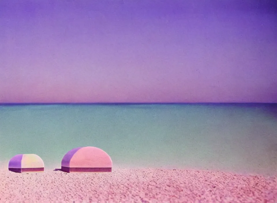 Prompt: a pastel coloured vintage family holiday photo of an empty beach from an alien dreamstate world with chalky pink iridescent!! sand, reflective lavender ocean water, dim bioluminescent plant life and an igloo shaped shiny plastic transparent festival box speakers!!. glare. refraction, volumetric light.