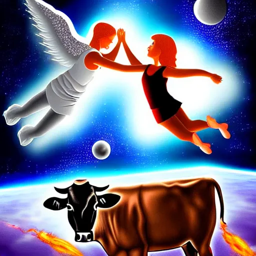 Prompt: angel and demon arm wrestling in space while a cow flies in the background, realistic, digital art,