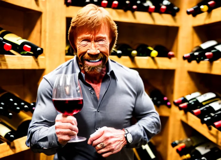 Prompt: photo of chuck norris enjoying a nice glass of wine in a wine cellar, 8 k, 5 2 mm, f 1. 8