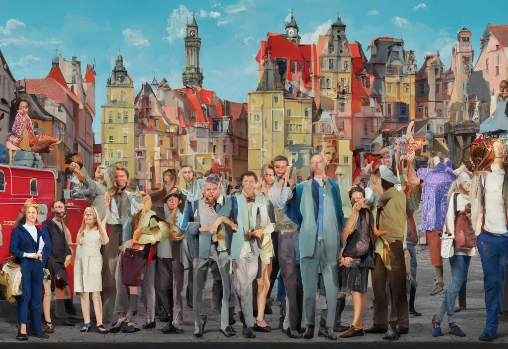 Image similar to full body portrait of a group, a row of a several european tourists getting off a tour bus, standing with a variety of poses and props, several character designs, sightseeing, a detailed painting, in the style of wes anderson, lola dupre, david hockney, isolated on negative white space background dark monochrome neon spraypaint accents volumetric octane render