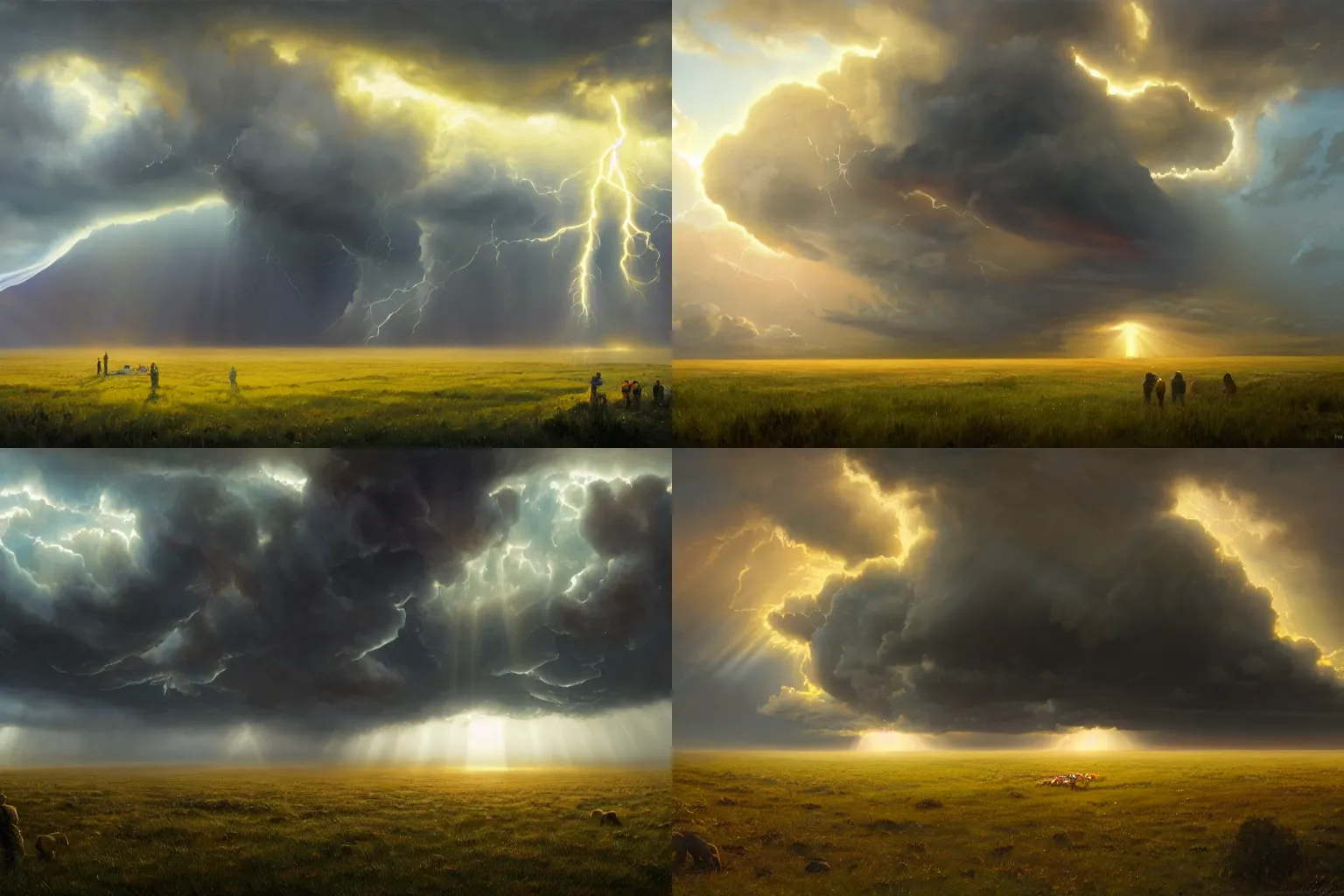 Prompt: a view from a grassy field as a giant supercell thunderstorm approaches, sun shining from behind the clouds, crepuscular rays, vivic colors, epic painting by Greg Rutkowski and Craig Mullin, oil on canvas, soft lighting, epic feels, 8k