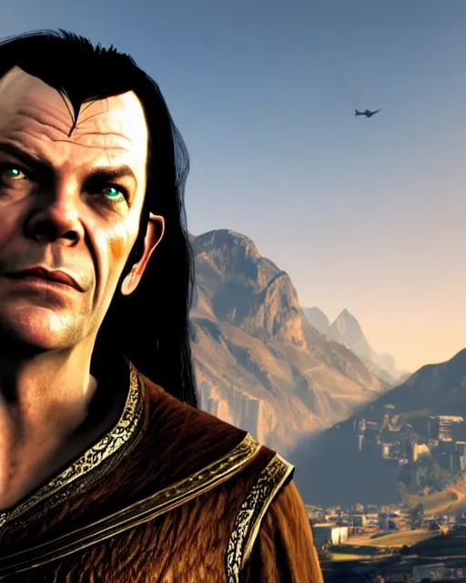 Image similar to Elrond from Lord of the rings in GTA V loading screen, GTA V Cover art by Stephen Bliss, boxart, loading screen,