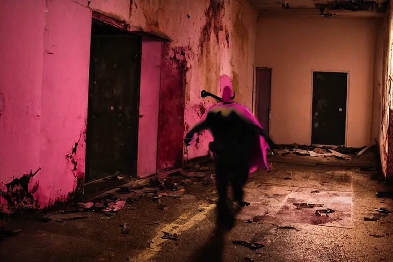 Image similar to batman wearing pink apron wielding an axe, chasing through old brown decrepit hallway, running toward camera, creepy smile, atmospheric eerie lighting, dim lighting, bodycam footage, motion blur, photograph