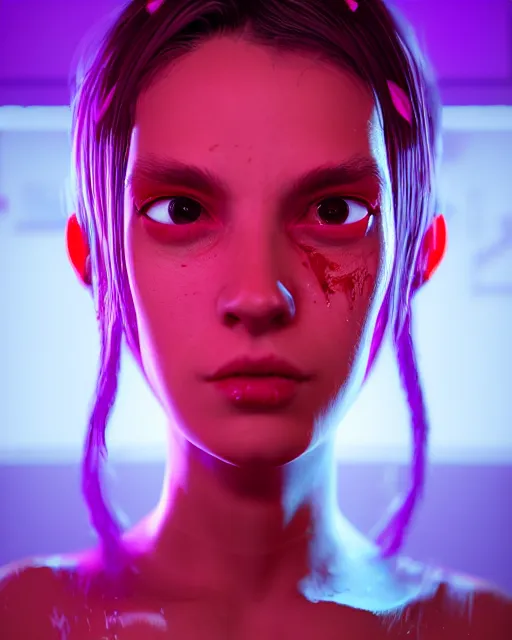 Image similar to portrait of a neon raver girl in a butchery, confused expression, cgsociety, detailed, unreal engine, textured, cinematic, character design