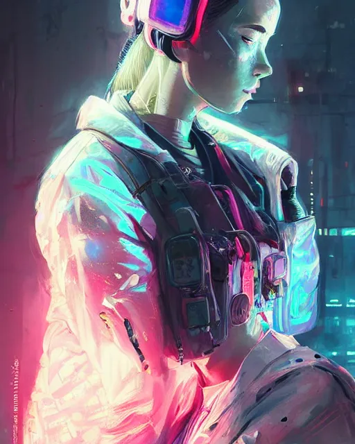 Image similar to detailed side profile portrait Neon Operator Girl, cyberpunk futuristic neon, reflective puffy coat, decorated with traditional Japanese ornaments by Ismail inceoglu dragan bibin hans thoma greg rutkowski Alexandros Pyromallis Nekro Rene Maritte Illustrated, Perfect face, fine details, realistic shaded, fine-face, pretty face