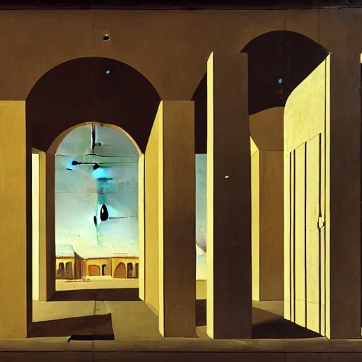 Image similar to a parade of disconnected images : obscure corners of nameless interiors, astronomical diagrams projecting the distances between celestial bodies, a painting by giorgio de chirico, a list of unpopular anagrams.