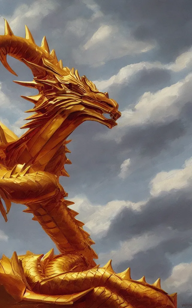 Image similar to pablo carpio's painting of a golden dragon in clouds, coloured