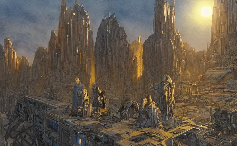 Prompt: a hyperrealist watercolor concept art of a sci - fi futurist metropolis in arizona. a medieval monk in grey robes is in the foreground. golden hour. very muted colors, by rebecca guay, michael kaluta, charles vess. high detail, hq, wide shot, 4 k