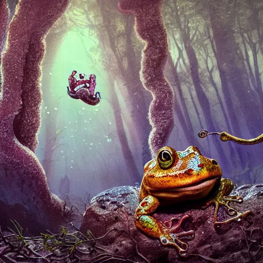 Prompt: the horror in the woods, the world’s greatest drawing of a frog, 4000 meters above the bottom of the ocean, cinematic, hyper realism, high detail, octane render, unreal engine, 8k, vibrant color, the inhabitants of the Moon resembled large serpents with a spongy, porous skin, A synthwave horse inspired by Tron, by dom qwek and andrea chiampo