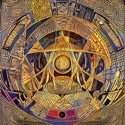 Image similar to maze labyrinth steampunk by albert gleizes and by hilma klint, hd, artstation, fluid colors