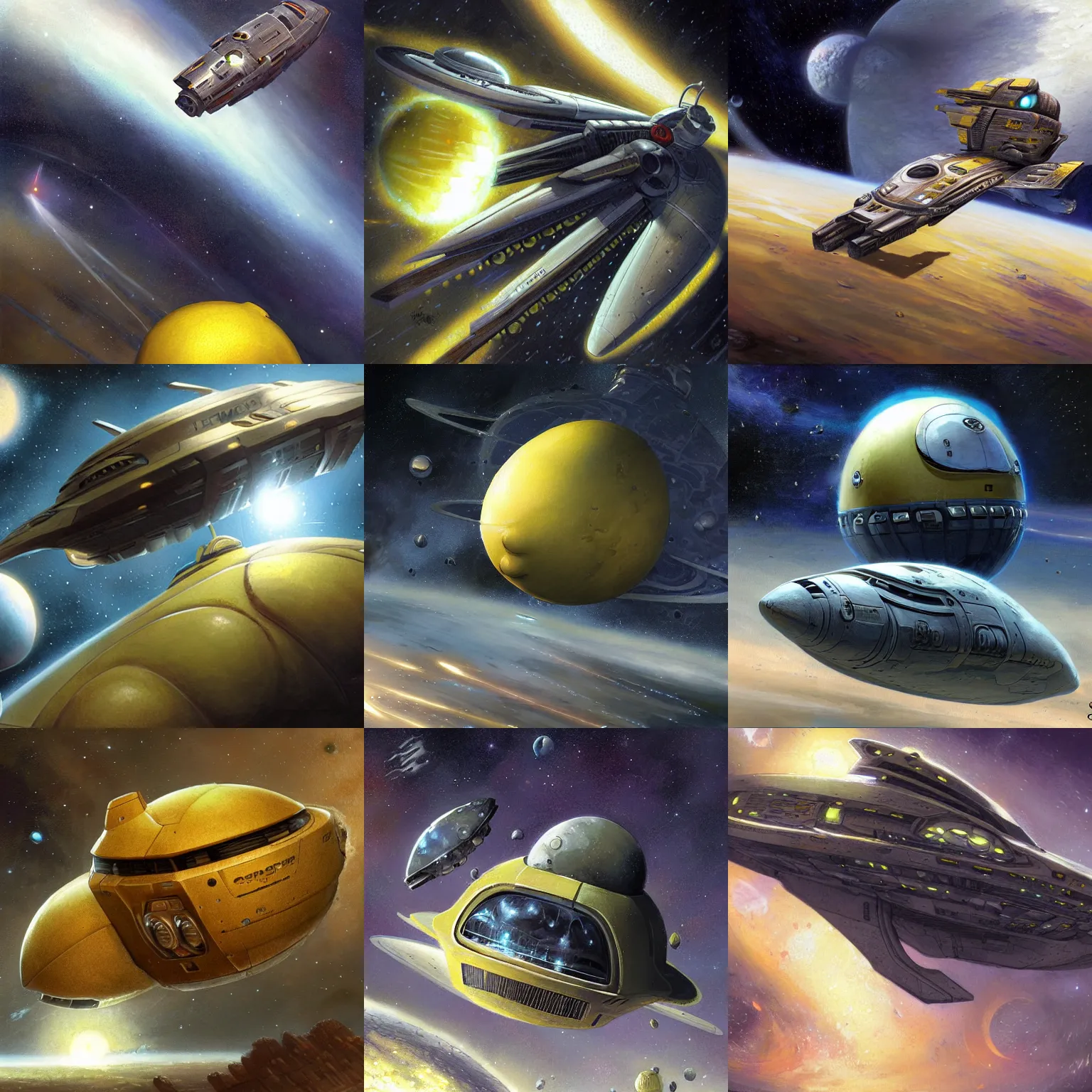 Prompt: lemon space cruiser lemon-shaped, in space by Greg Staples and Greg Rutkowski