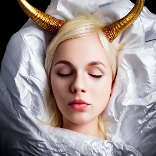 Image similar to sleeping short blonde half - dragon girl with two dragon horns, the head is tightly wrapped in plastic wrap with a market label on it. high detail, realistic, symmetrical face