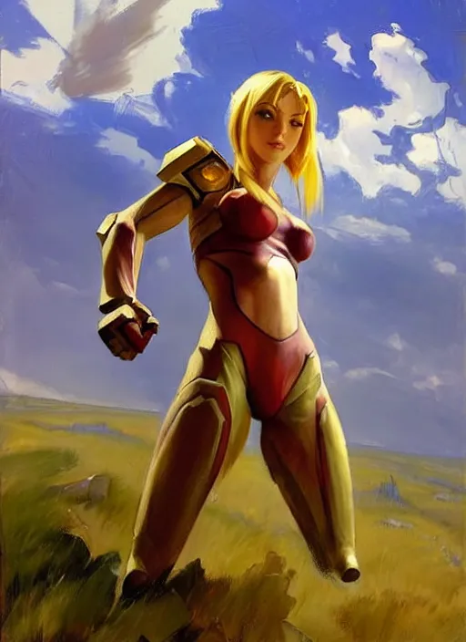 Image similar to Greg Manchess painting of Samus from Metroid Prime, countryside, calm, fantasy character portrait, dynamic pose, above view, sunny day, thunder clouds in the sky, artwork by Jeremy Lipkin and Giuseppe Dangelico Pino and Michael Garmash and Rob Rey, very coherent asymmetrical artwork, sharp edges, perfect face, simple form, 100mm